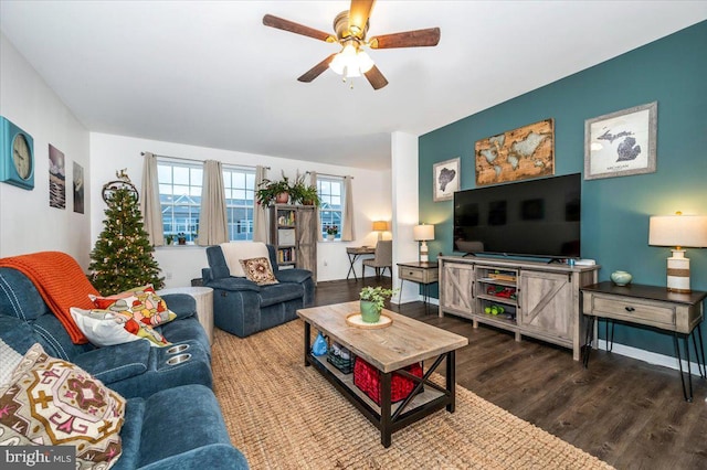 living room with hardwood / wood-style floors and ceiling fan