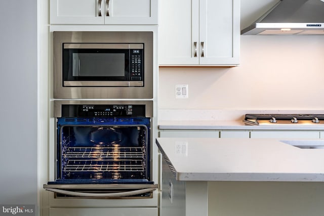 23671 Hardesty Ter, Ashburn, VA 20148 - kitchen view of wall chimney exhaust hood, stainless steel microwave, white cabinetry, and light stone counters