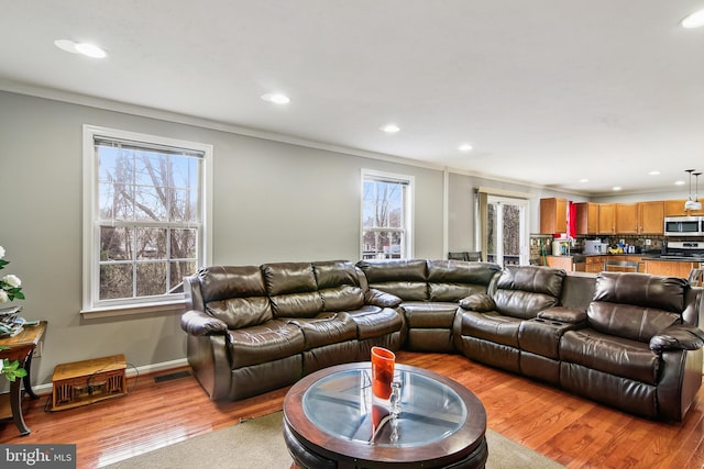 living room featuring light wood-type flooring and crown molding