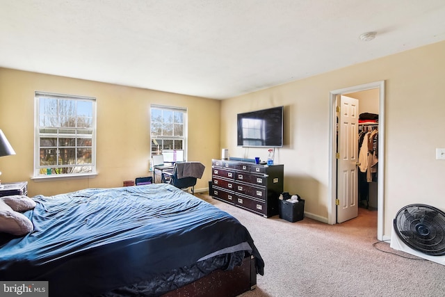 bedroom with carpet flooring, a walk in closet, and a closet