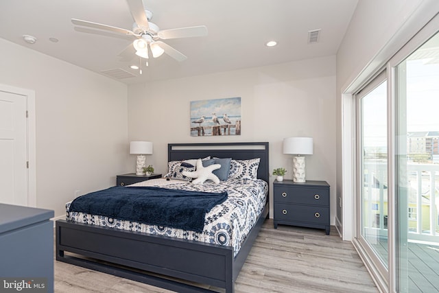 bedroom with access to outside, ceiling fan, and light hardwood / wood-style floors