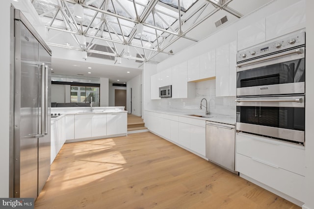 kitchen with white cabinets, modern cabinets, stainless steel appliances, light countertops, and a sink