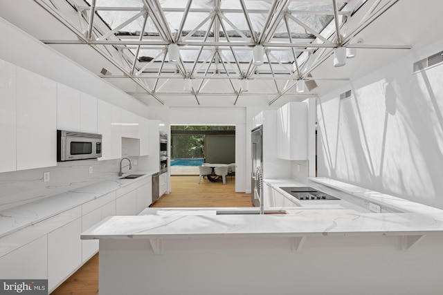 kitchen with white cabinets, modern cabinets, stainless steel appliances, and a sink