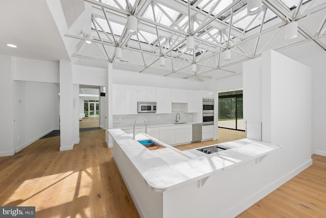 kitchen with a skylight, stainless steel appliances, and a sink