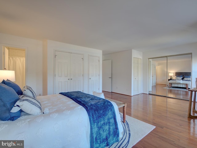 bedroom with wood-type flooring and multiple closets