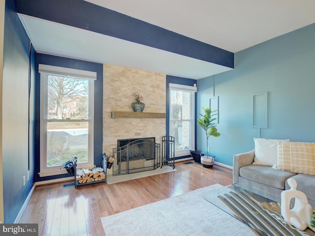 living room with a fireplace and hardwood / wood-style flooring