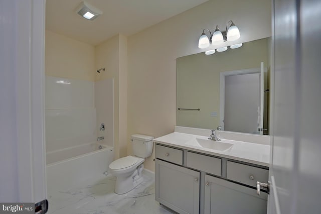 full bathroom with vanity, bathtub / shower combination, and toilet