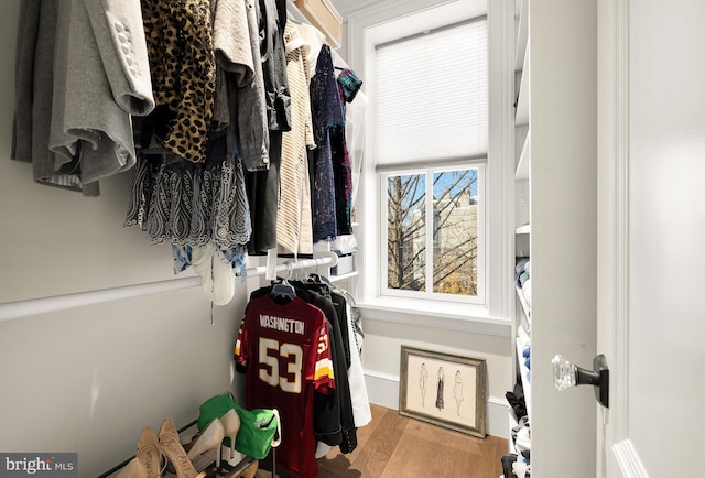 walk in closet with light hardwood / wood-style flooring