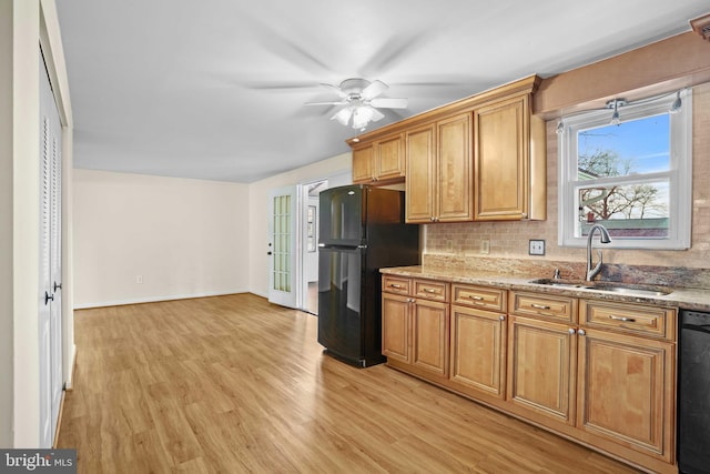 kitchen featuring sink, light stone counters, ceiling fan, light wood-type flooring, and black appliances