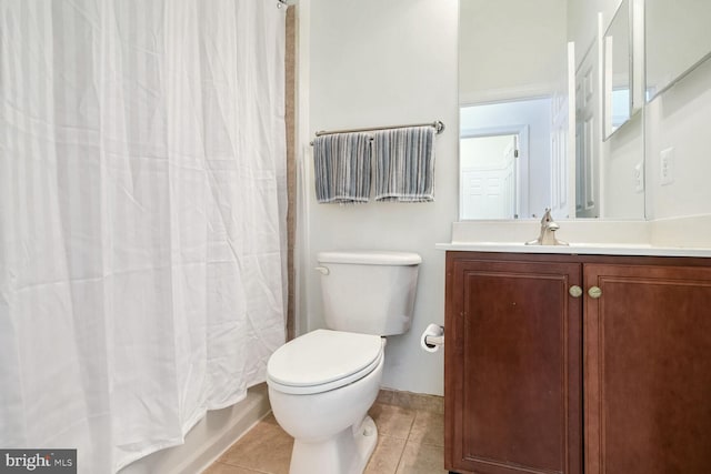 full bathroom with tile patterned flooring, vanity, toilet, and shower / tub combo with curtain