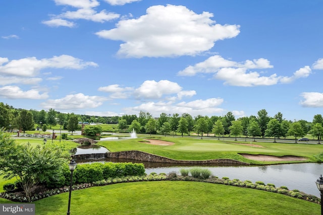 view of property's community featuring a yard and a water view