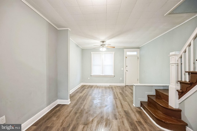 foyer entrance featuring ceiling fan, wood-type flooring, and ornamental molding