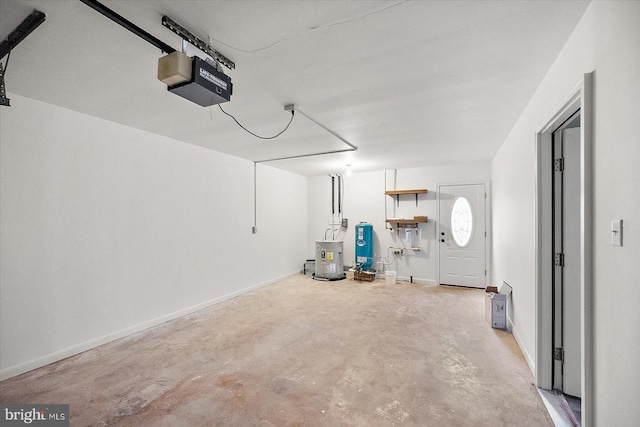 garage featuring a garage door opener and water heater