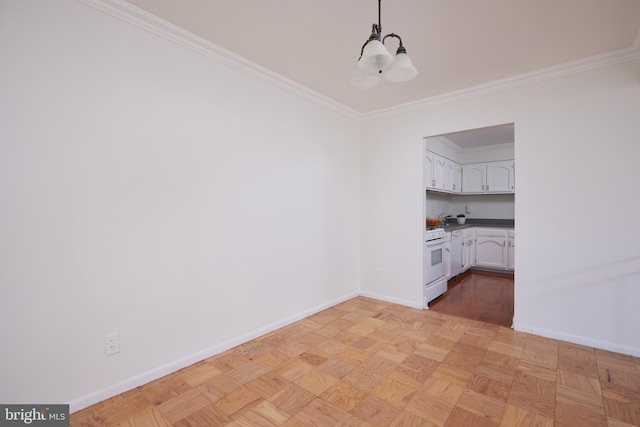 unfurnished dining area with ornamental molding, a chandelier, and light parquet floors