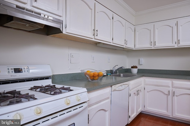 kitchen featuring sink, white cabinets, and white appliances