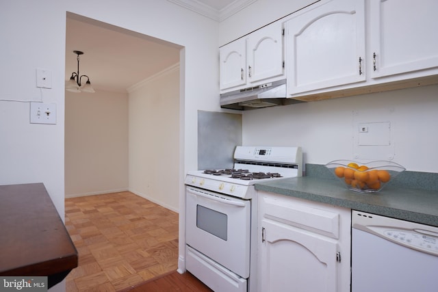 kitchen with light parquet floors, ornamental molding, white cabinets, and white appliances