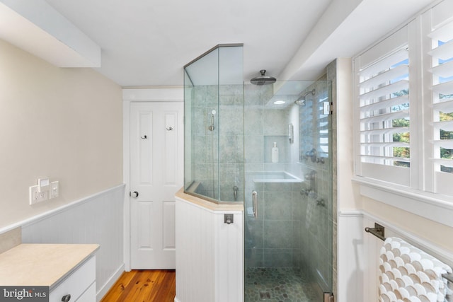 bathroom featuring a healthy amount of sunlight, hardwood / wood-style floors, and an enclosed shower