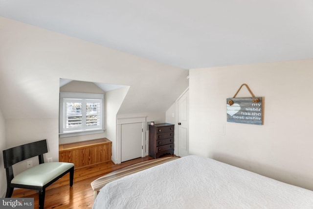 bedroom featuring lofted ceiling and wood-type flooring