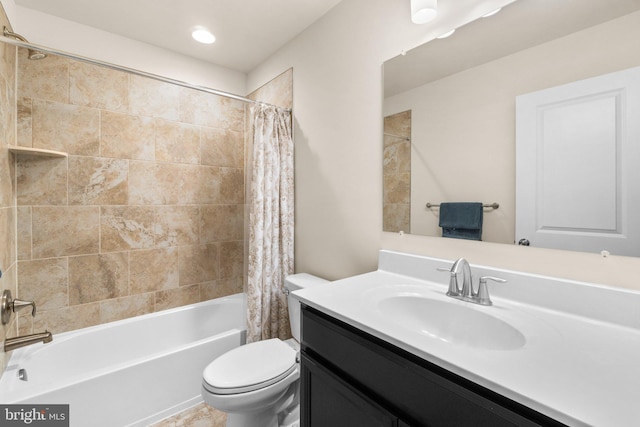 full bathroom with vanity, toilet, and shower / bathtub combination with curtain