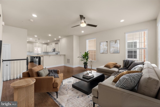 living room featuring ceiling fan and wood-type flooring