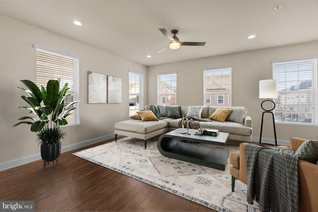 living room with ceiling fan and hardwood / wood-style flooring