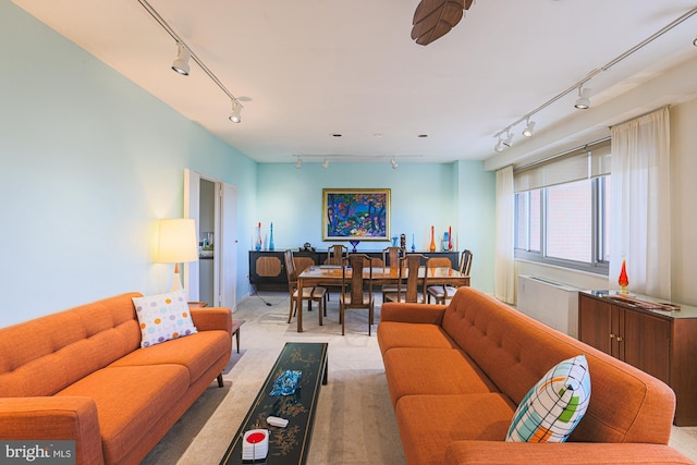 carpeted living room featuring track lighting