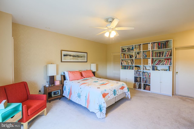 bedroom featuring carpet flooring and ceiling fan