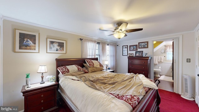 carpeted bedroom with ensuite bath, ceiling fan, and ornamental molding