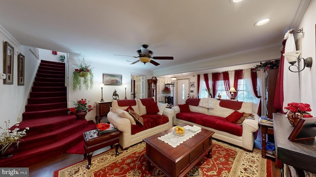 living room with ceiling fan and ornamental molding