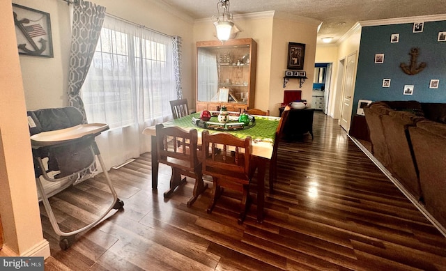 dining room featuring a textured ceiling, dark hardwood / wood-style floors, and crown molding