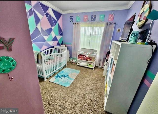 bedroom with carpet flooring, a nursery area, and crown molding