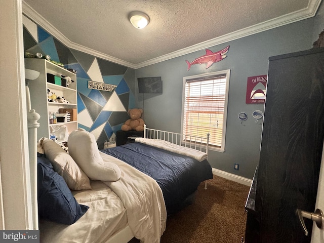 bedroom featuring crown molding, carpet floors, and a textured ceiling