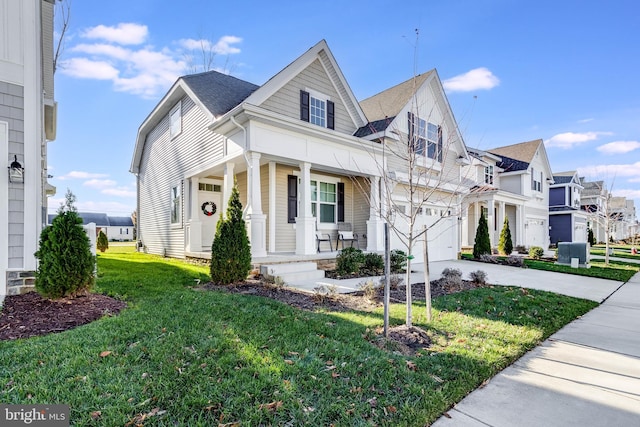 view of front of home with covered porch, a garage, and a front lawn