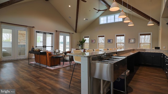 kitchen with light stone countertops, a kitchen breakfast bar, dark hardwood / wood-style flooring, french doors, and high vaulted ceiling