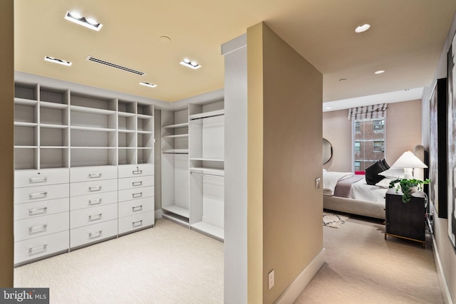 spacious closet featuring light carpet