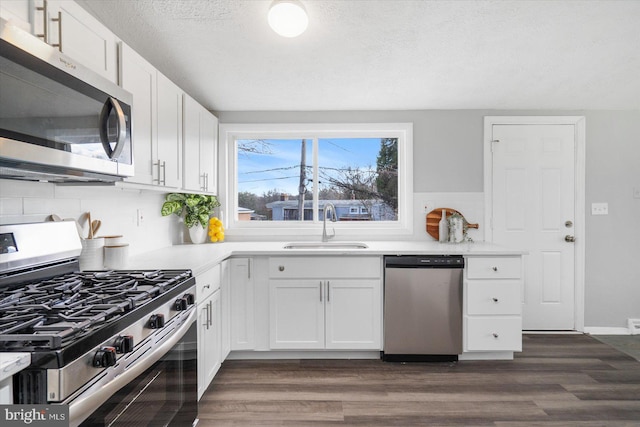 kitchen with white cabinetry, sink, stainless steel appliances, and dark hardwood / wood-style floors