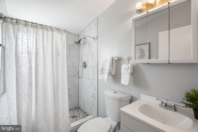 bathroom featuring toilet, vanity, and walk in shower