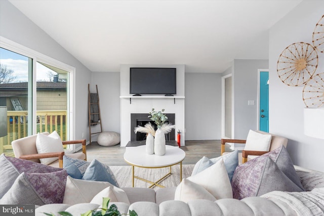 living room featuring lofted ceiling and wood-type flooring