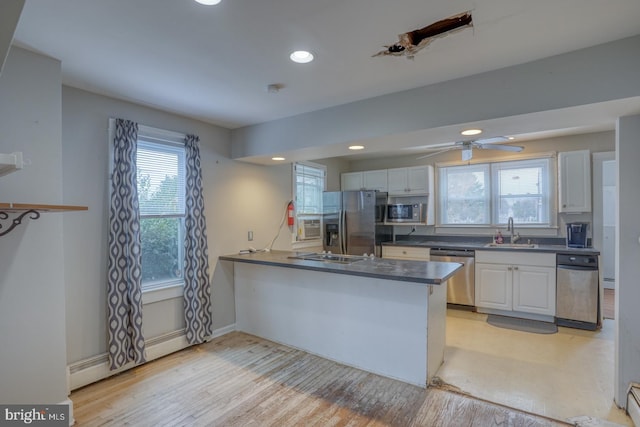 kitchen featuring kitchen peninsula, white cabinetry, stainless steel appliances, and a wealth of natural light