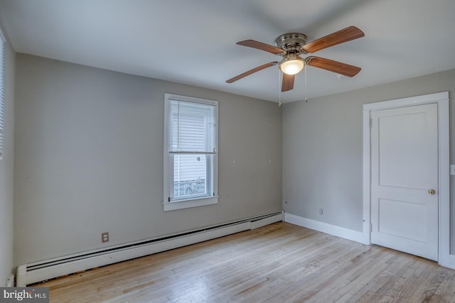 unfurnished room with ceiling fan, light hardwood / wood-style floors, and a baseboard heating unit