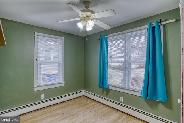 empty room featuring ceiling fan, light hardwood / wood-style floors, and baseboard heating