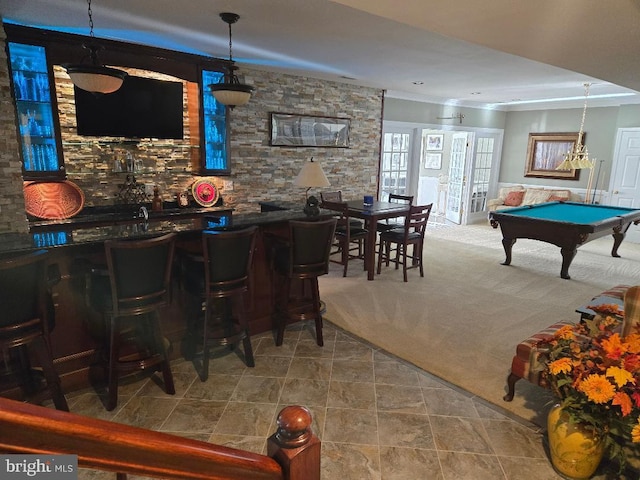 bar with carpet, pendant lighting, and billiards