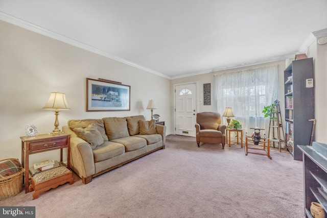 living room with carpet flooring and ornamental molding