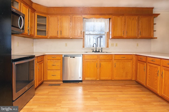 kitchen with appliances with stainless steel finishes, light hardwood / wood-style floors, and sink