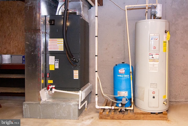 utility room featuring heating unit and water heater