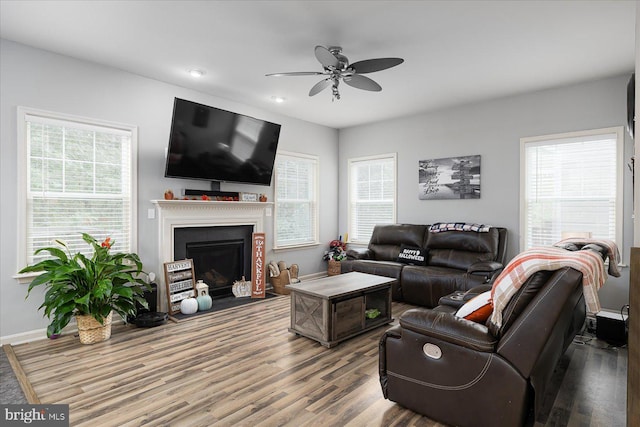 living room featuring hardwood / wood-style flooring and ceiling fan