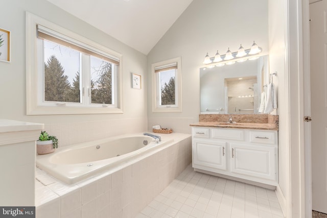 bathroom featuring lofted ceiling, vanity, tile patterned flooring, and plus walk in shower