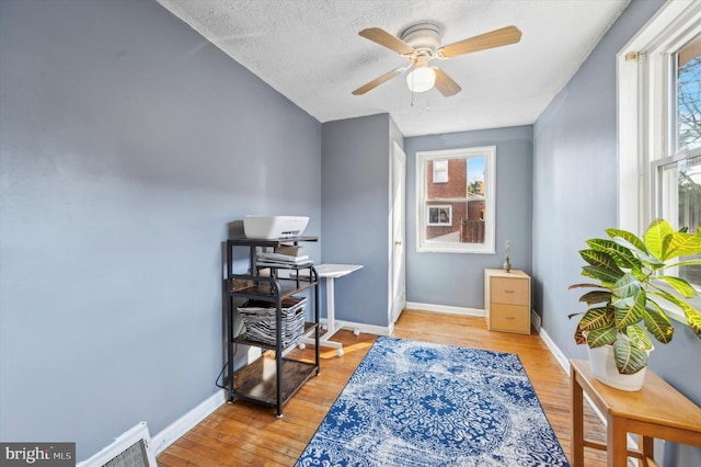 home office featuring light wood-type flooring, ceiling fan, and a textured ceiling