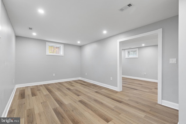 basement with light wood-type flooring