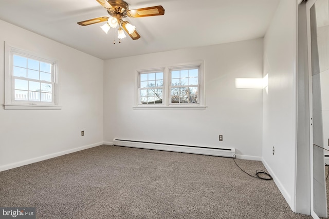 unfurnished room with carpet floors, baseboard heating, and ceiling fan